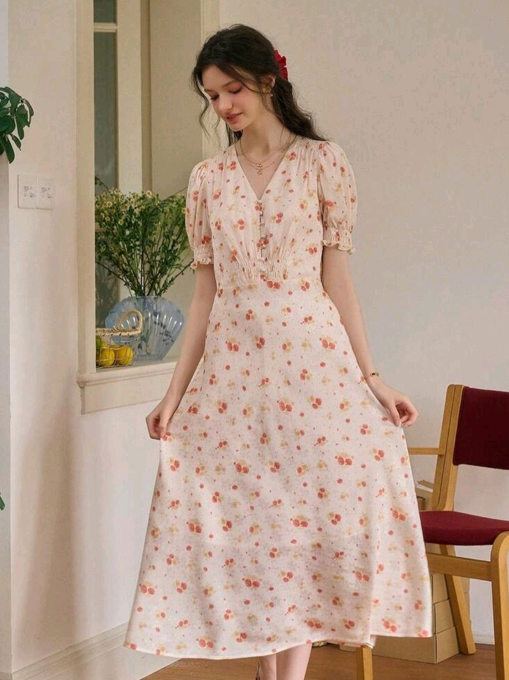 Cream Midi Dress with Pink Floral Print